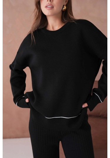 Kadın Bisiklet Yak Adüşük Kol Kazak Fitilli Pantolon İkili Triko Takım Siyah