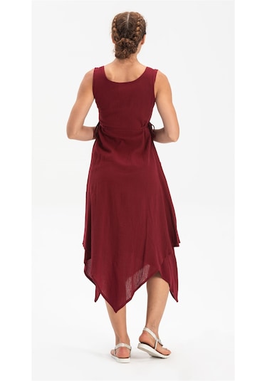Kolsuz Şile Bezi Üçgen Katlı Midi Boy Elbise Bordo Brd Bordo