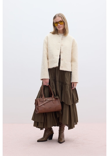 Katlı Boho Vual Etek Haki Haki