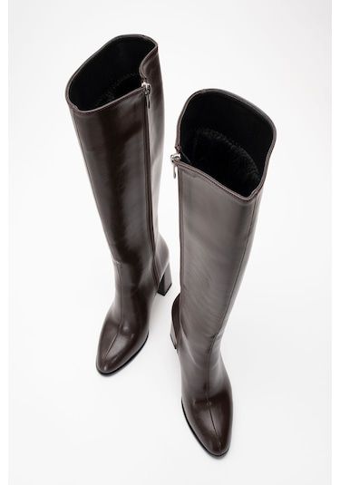 Decer Kahverengi Cilt Kadın Topuklu Çizme Kahverengi Deri