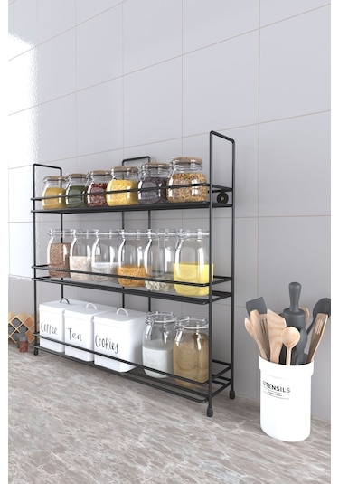 Eva Metal Tasarim Metal Baharatlık Standı Küçük Boy Baharatlık Rafı Siyah