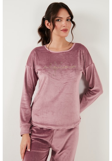 Lela Regular Fit Yumuşak Dokulu Kadife Bayan Pijama Takımı 6094200W4 Pudra
