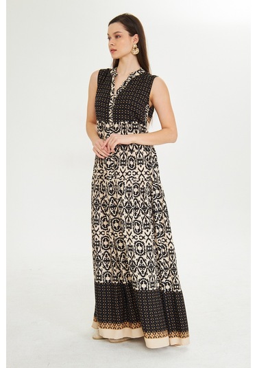 Etnik Desen Bohem Tam Boy Kolsuz Elbise Bej Acı Kahverengi