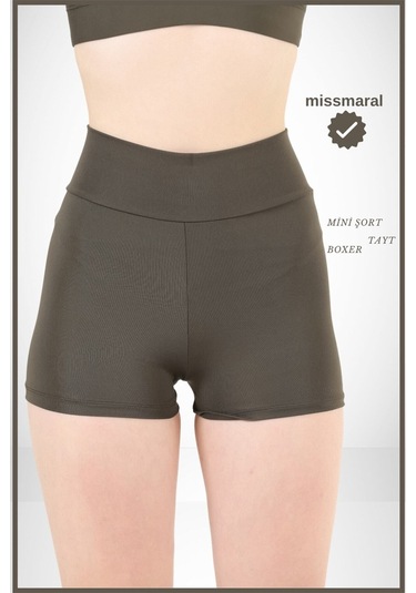 Kadın Haki Yüksek Bel Toparlayıcı İç Göstermeyen Boxer Şort Deniz, Havuz & Günlük Kullanım İçin Haki