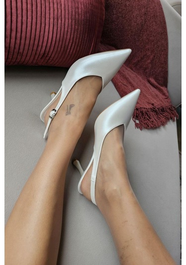 10 44 Topukla Kadın Arkası Açık Kadeh Topuklu Stiletto Abiye Ayakkabı Sedef