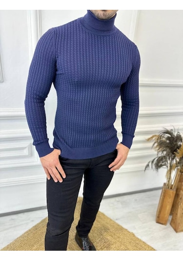 Kazak Slim Fit Tüylenmez Naturel Pamuk Triko Boğazlı Balıkçı Yaka Kazak Lacivert