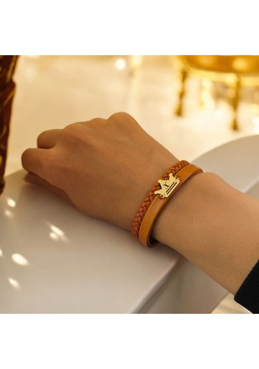 Archin X Harfine Özel Kahverengi Derili Taç Motifli 14 Ayar Altın Plakalı Hediye Bileklik-467harf X