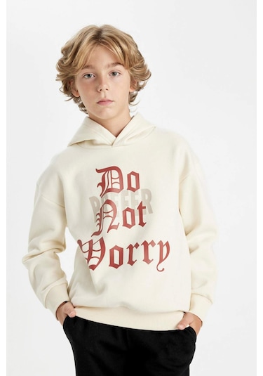 Defacto Erkek Çocuk Oversize Geniş Kalıp Kapüşonlu Yazı Baskılı Kalın Sweatshirt D1908A824WNBG759