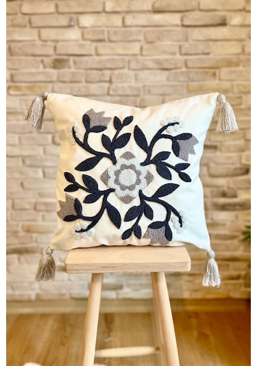 Swita Home Punch İşlemeli Tekli Dekoratif Özel Tasarım Kırlent Kılıfı Panç Lacivert - Gri