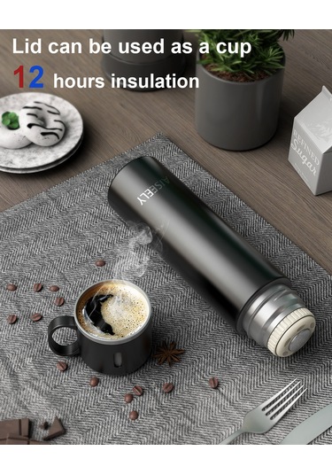 Ranyeek Aiseely 316 Paslanmaz Çelik İki Katlı Vakum Termos Bardak - 12 Saat Isı/sıcaklık Saklama, 580ml, Siyah Siyah