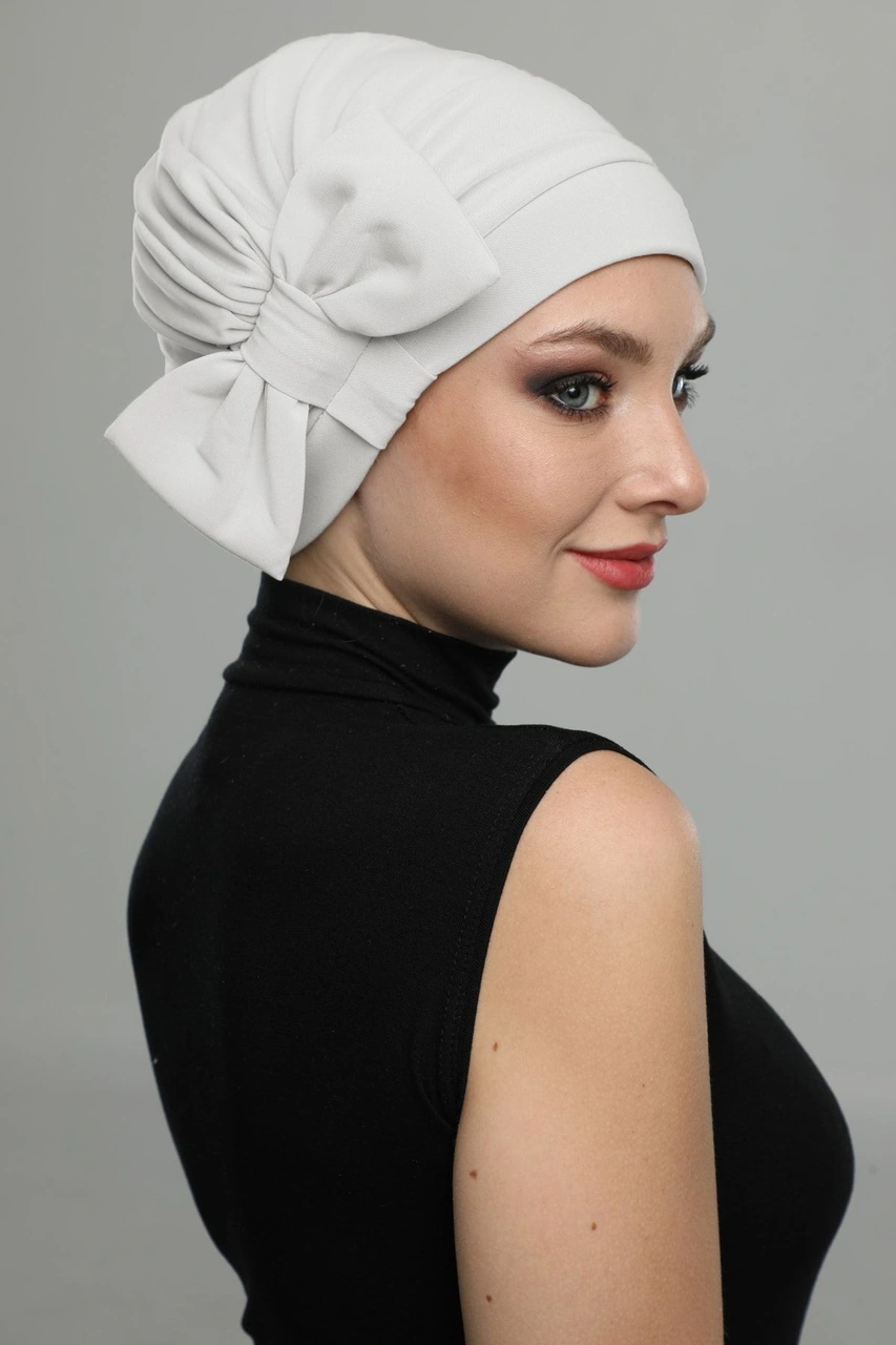 Fiyonklu Krem Hazır Türban Tesettür Bone Krem