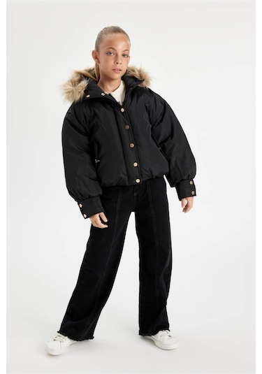 DeFacto Kız Çocuk Kapüşonlu Çıtçıt Kapamalı Fermuarlı Cepli Mont C5488A824WNBK27 Siyah