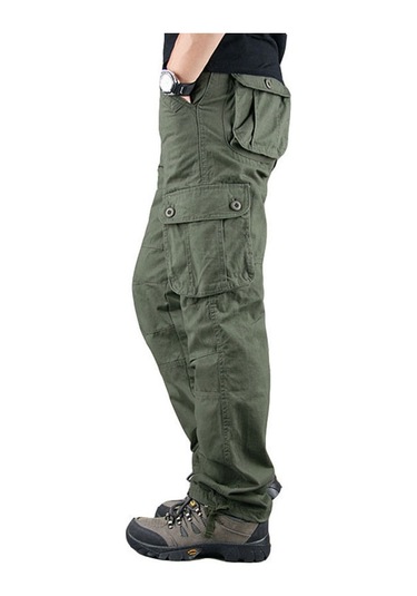 Aşınmaya Dayanıklı Çok Cepli Düz Bol Büyük Beden İş Pantolonu Ordu Yeşili
