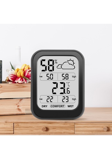 Youtek Siyah Ev İç Sıcaklık Nem Ölçer - 10 Saniye Güncelleme - Büyük Lcd Ekran - Hava Durumu Gösterimi - Dahili Pil