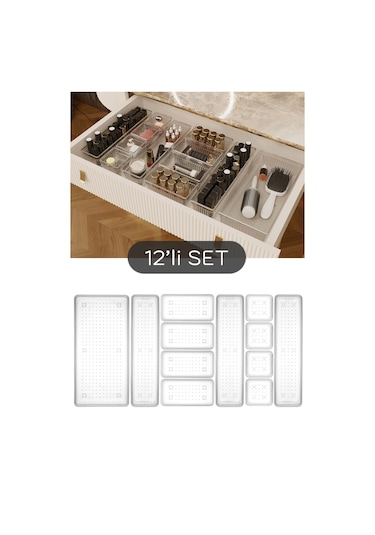 Meleni Home Dolap İçi Takı Makyaj Organizer Çekmece İçi Düzenleyici Set 12'li Şeffaf