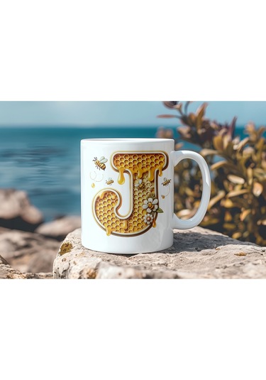 J Harfi Bal Arısı Tasarım Kupa Bardak - Bal Ve Petek Desenli Kişiye Özel Kahve Kupası - Hediyelik Beyaz