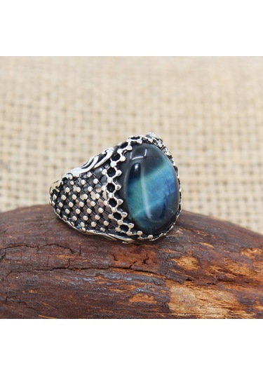 Mavi Kaplangözü Taşlı 925 Ayar Gümüş Şık Erkek Yüzüğü Gümüş