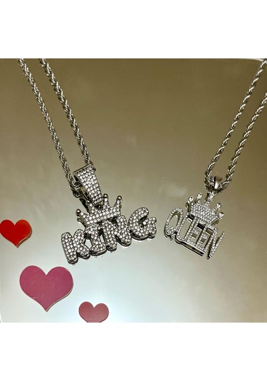 Gns Aksesuar Kral Ve Kraliçe Model 316l Kararmaz Çelik-kalın Zincirli Çift Kolye Gümüş