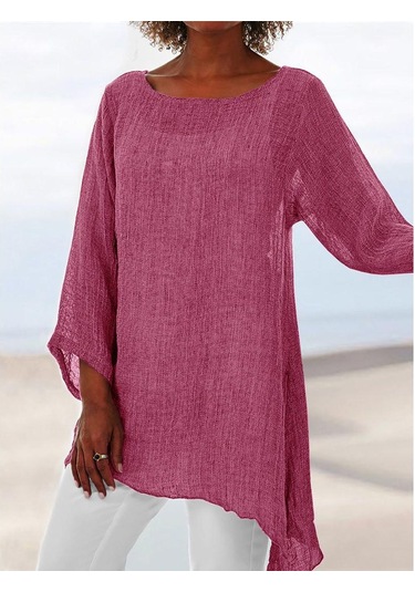 Pembe Kadın Pamuklu Ve Keten Düz Renk Günlük Gömlek Düzensiz Uzun Kollu Tişört Pembe