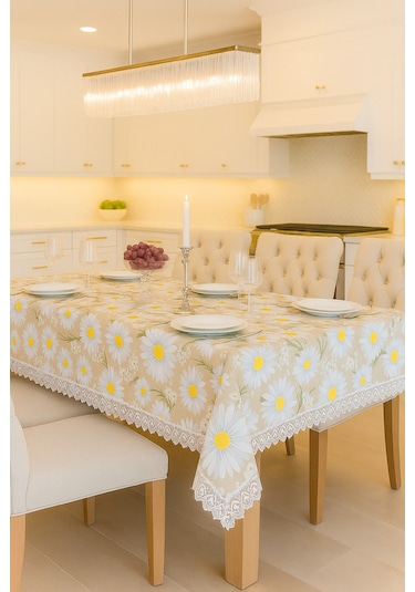 Lüks Modern Masa Örtüsü -leke Tutmaz Su Geçirmez Dantel Detaylı Detaylı Masa Örtüsü Beyaz