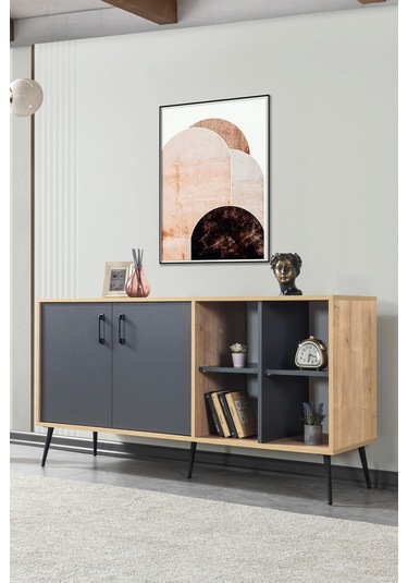 4609 Şile Metal Ayaklı Metal Kulplu 160 Cm Konsol - Yemek Odası Antrasit - Safir Antrasit - Safir