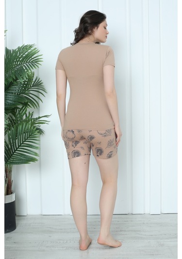 Mr 4300 Pamuklu Kısa Kollu Şortlu Penye Takım Pijama Takımı Nar Desenli Vizon