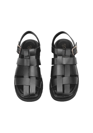 Elit Nerina Kadın Hakiki Deri Ortopedik Düz Sandalet Siyah Siyah