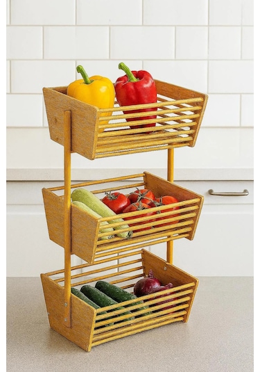 Bambu 3 Katlı Sebzelik Doğal, Şık Ve Fonksiyonel Mutfak Düzenleyici 32 28,5 67 Cm Bambu