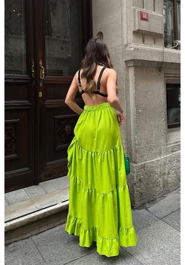 Audrey Fıfrlı Yırtmaç Detay Etek 4037 Fistik Yeşi Li