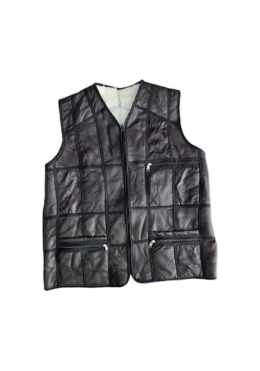 Patchwork Içi Kürk-Dışı Süet Hakiki Deri Acı Kahverengi Yelek