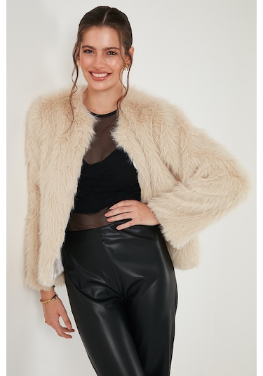 Lela Oversize Fit Yuvarlak Yaka Astarlı Kısa Bayan Kürk 6810266 Ekru