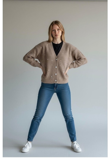 Bohem Stil Şardonlu Pamuklu Boncuklu Hırka Camel
