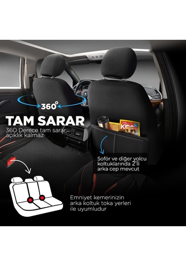 Panda Pars Serisi Deri Oto Koltuk Kılıfı - Siyah - Kırmızı