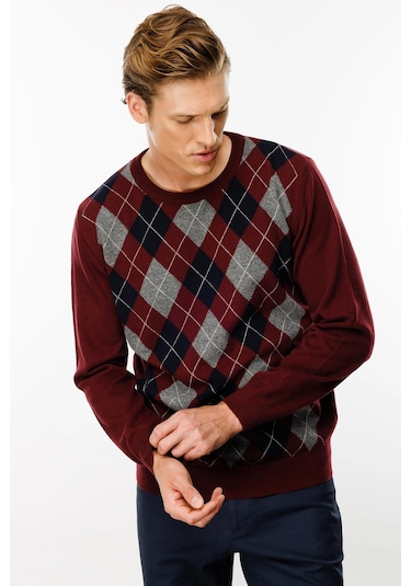 Desen Triko Erkek Sıfır Yaka Önü Baklava Desenli Kazak 24511 Bordo Bordo