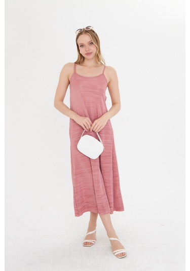 Gülkurusu Kadın Askılı Piliseli Elbise Gül Kurusu