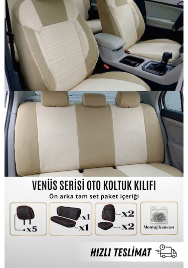 Venüs Serisi File Kumaş Universal Bej Oto Koltuk Kılıfı Tam Set