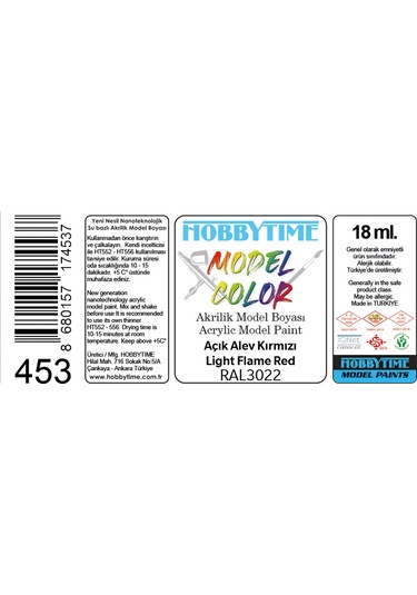 Hobbytime 453 18 Ml. Ral3022 Açık Alev Kırmızı Light Flame Red Akrilik Model Boyası