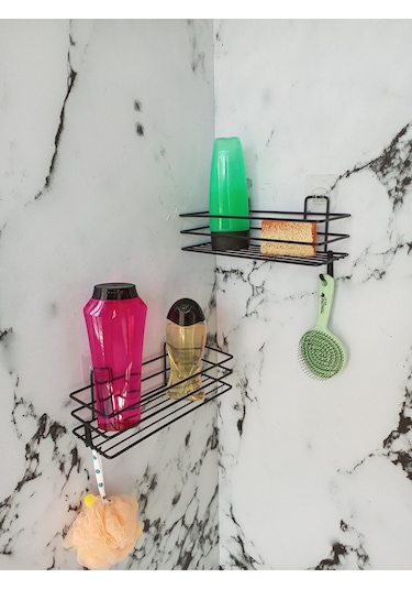 Yapışkanlı Kancalı 2 Adet Banyo Rafı Mat Siyah Banyo Duş Rafı Siyah