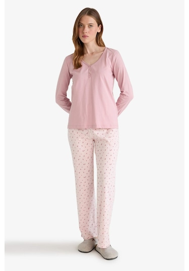 Defacto Pijama Takımı Regular Fit Uzun Kollu Üst Desenli Uzun Alt-fall İn Love G0229ax25aupn364 Pembe