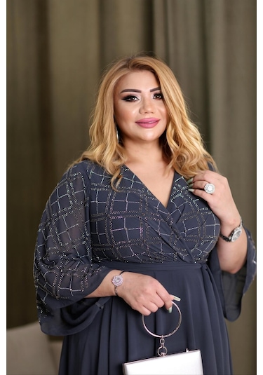 Lady Sharm Şifon Üzeri Kristal Taşlı Kadın Elbise Gri