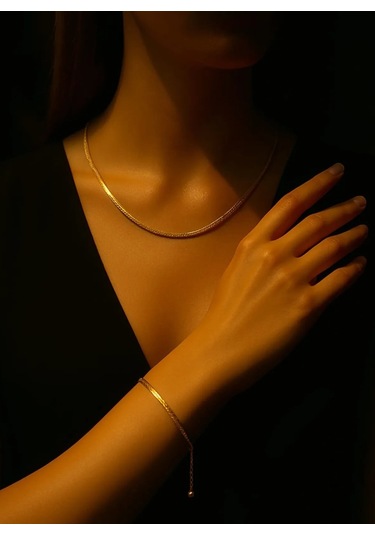 Altın Renk Italyan Zincir Kolye Ve Bileklik Takımı Altın