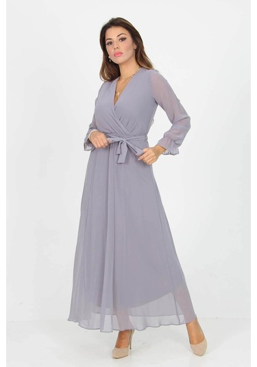 Dipmoda Kadın Kruvaze Yaka Bağlama Detaylı Yeni Sezon Uzun Şifon Elbise Kts003 Gri