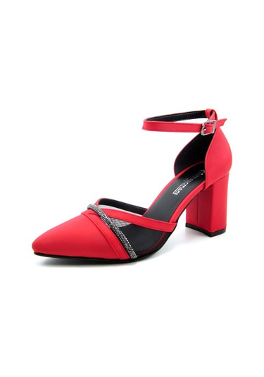 Molly Kırmızı Saten Taşlı Fileli Kalın Topuklu Ayakkabı