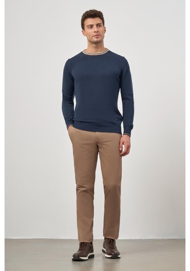 İndigo Mavi Uzun Kol Düz Örme Bisiklet Yaka Classic Slim Fit Triko 1012245108 İndigo Mavi