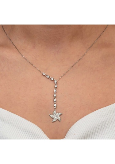 Kenpazar Gümüş Sıralı Zirkon Taşlı Deniz Yıldızı Kadın Kolye Çok Renkli