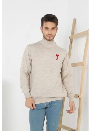 Unisex Yarım Boğazlı Baskılı Dokuma Triko - Bej Bej