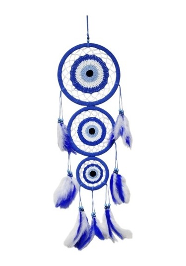 Nazar Motifli Üç Çemberli Kuş Tüylü Mavi Duvar Süsü 02-10mm 5yards