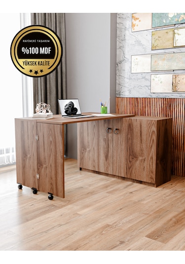 Rafineri Flor Çalışma Masası Dolaplı Açılır Katlanır Masa Mdf Ceviz