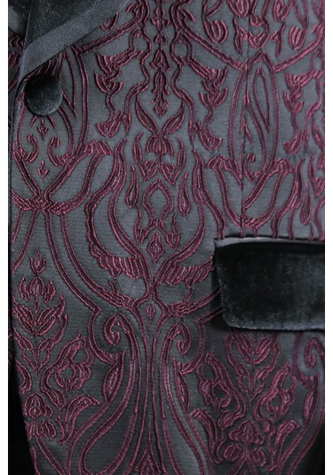 Barok Desenli Kadife Şal Yaka Yelekli Bordo Smokin - Wessi Bordo