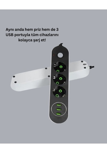 Akım Korumalı Anahtarlı Usb Girişli Üçlü Priz